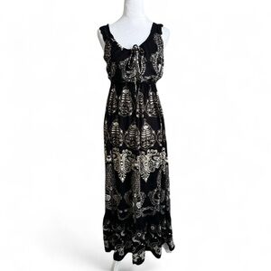 Forbidden Los Angeles Boho Maxi Dress Rayon Crochet Straps L Black Ivory Tan